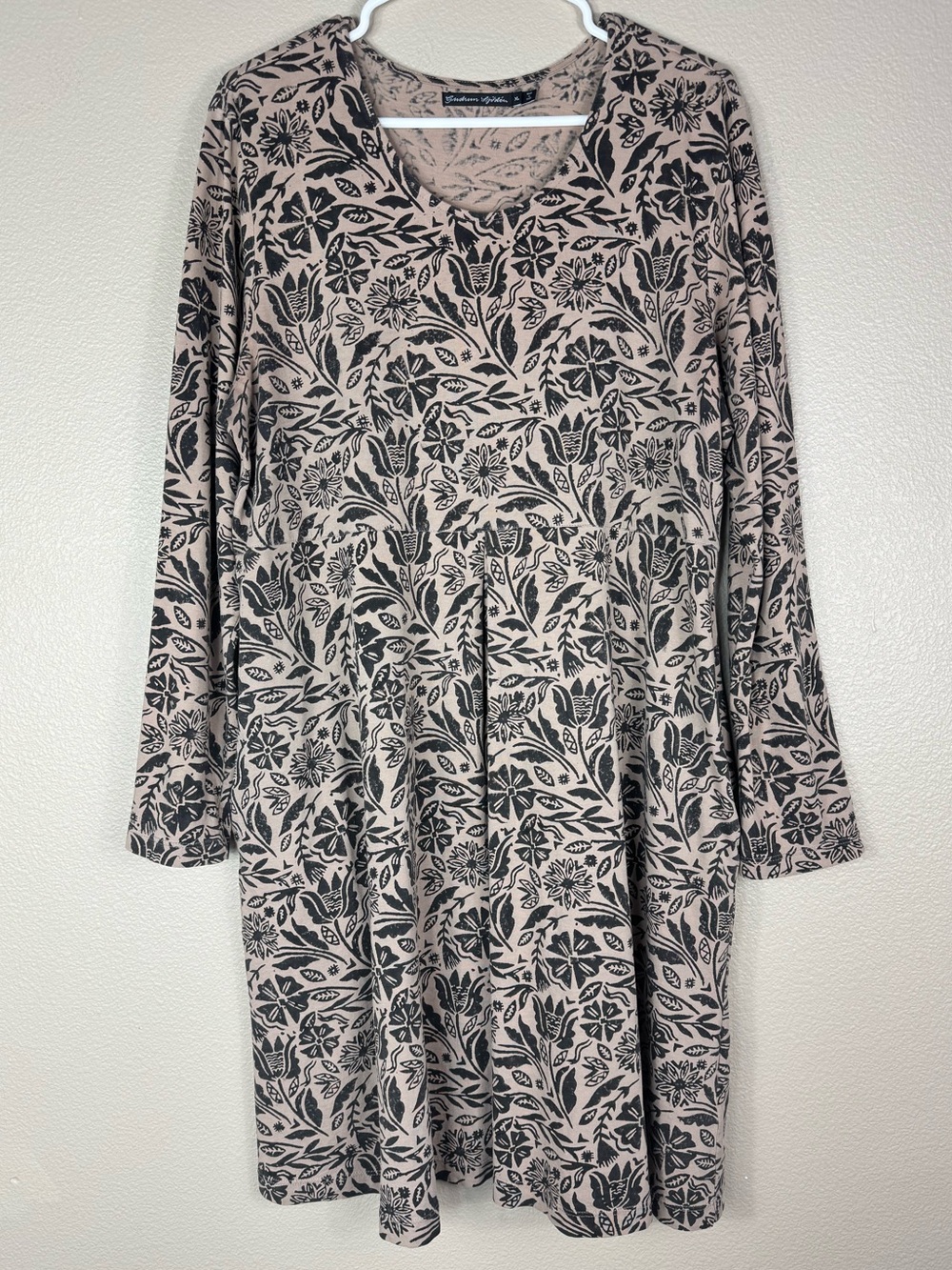 Gudrun Sjödén Tan Floral Dot Print Pocket Dress minimalist Artsy lagenlook